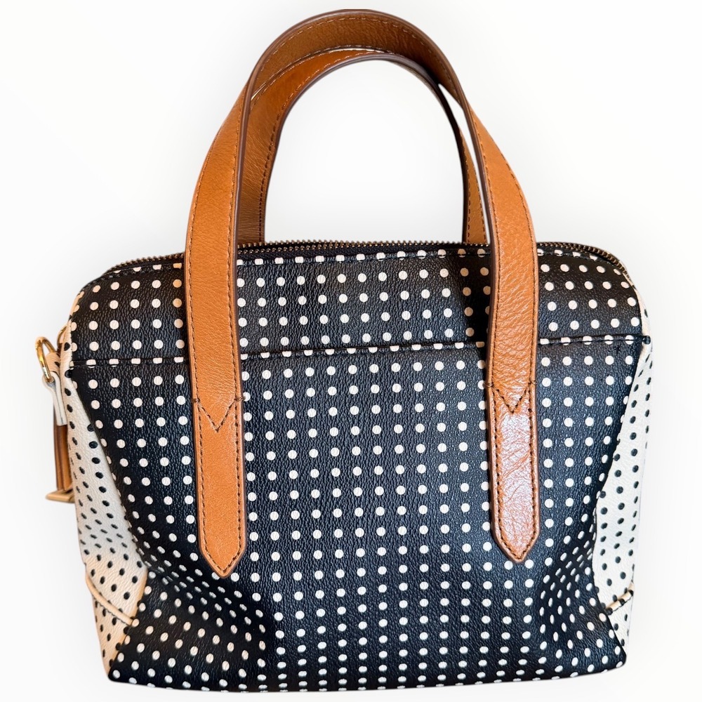 Fossil Sydney Satchel Polka Dot Canvas Leather Trim Top Handle Crossbody Y2K